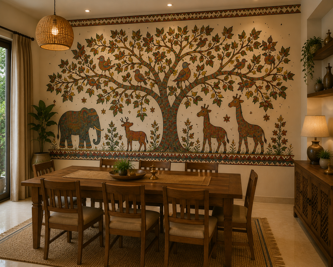 Gond detail framing a dining nook
