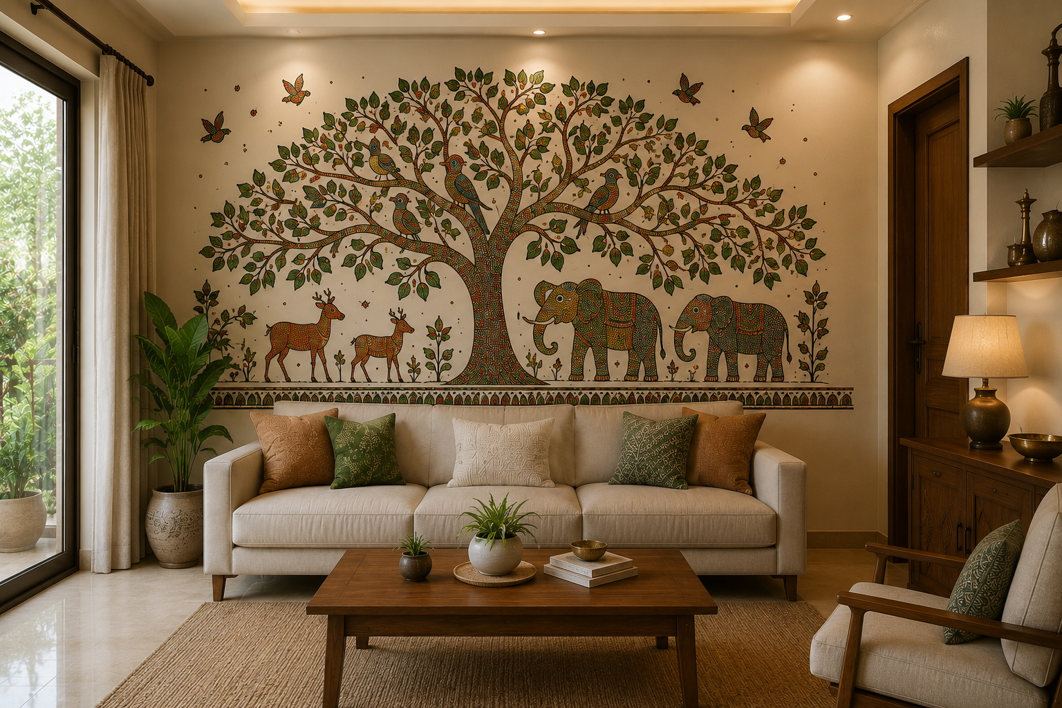 Gond tree-of-life mural in a modern living room