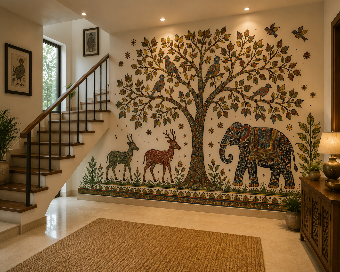 Gond patterns climbing a staircase wall