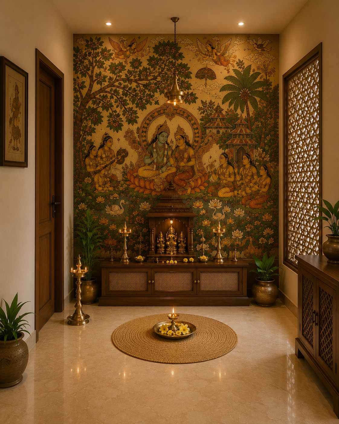 A grand temple-style mural in a modern living room