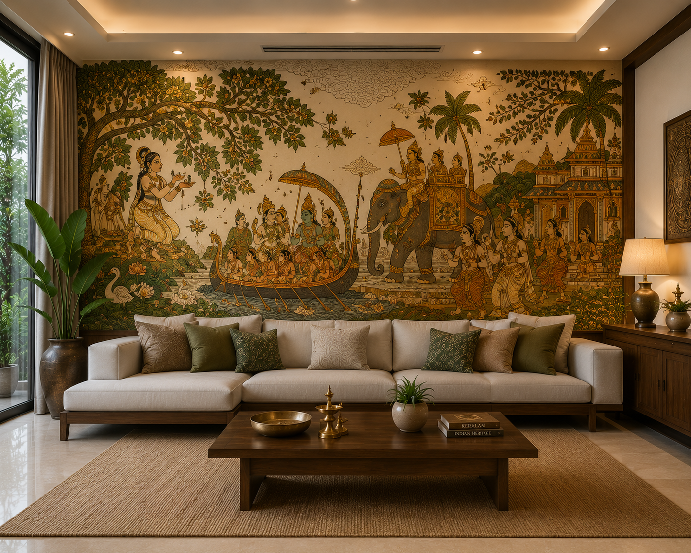 Kerala mural framing a seating arrangement