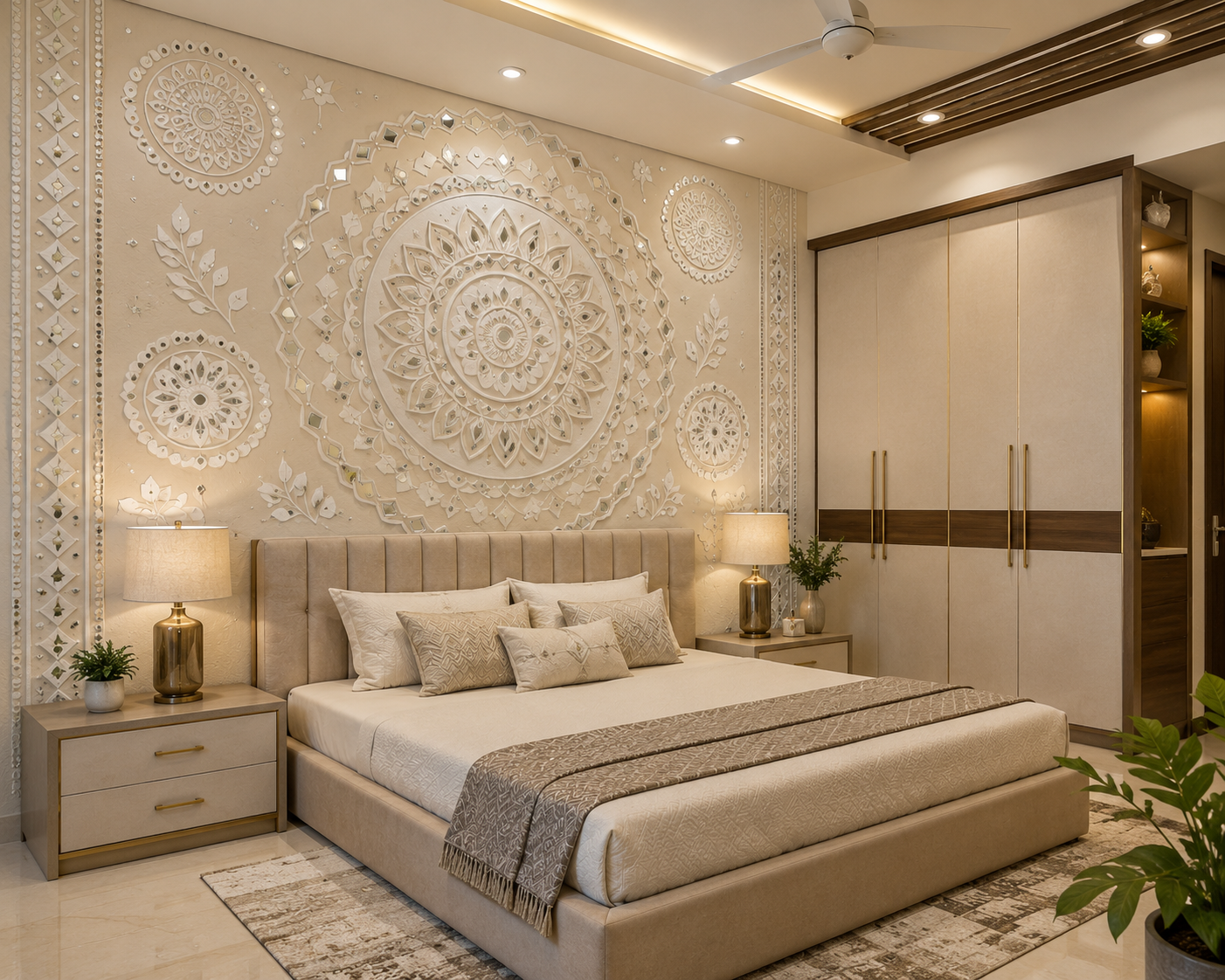 Mirrored Lippan panel behind a bedroom headboard