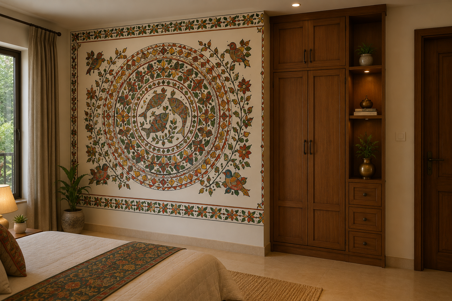 Madhubani panel beside a bedroom cupboard