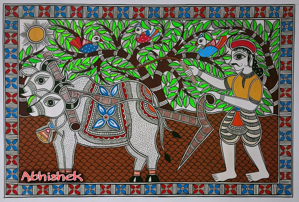 Farmer ploughing with his bullocks beneath a bird-filled tree