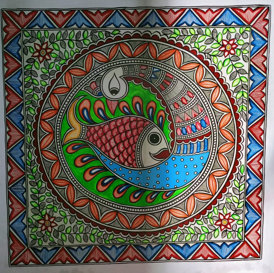 Twin fish mandala — a Mithila symbol of prosperity and good fortune