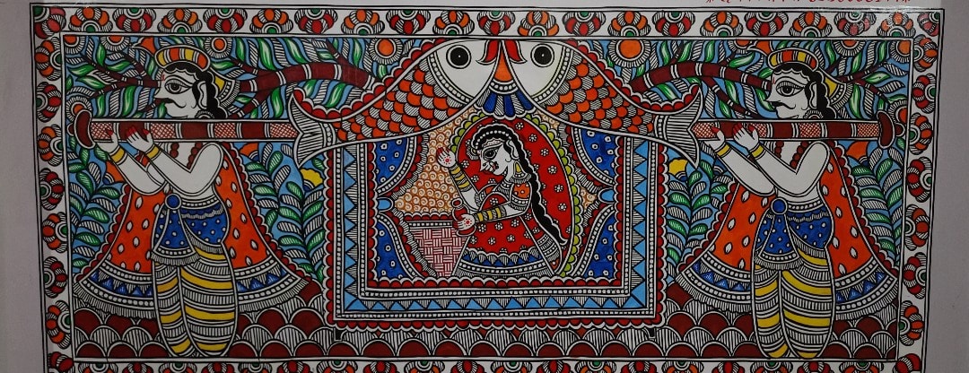 Doli bearers carry the bride beneath a twin-fish canopy