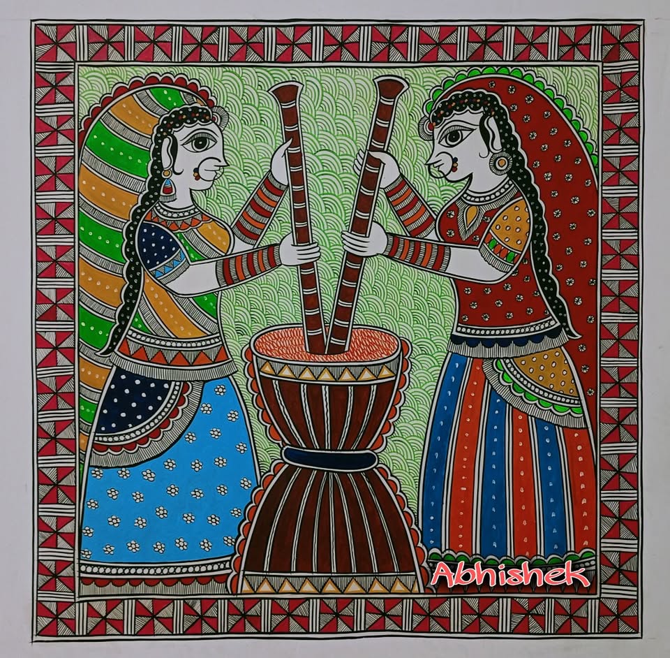 Two women pounding grain — everyday village life in Mithila style