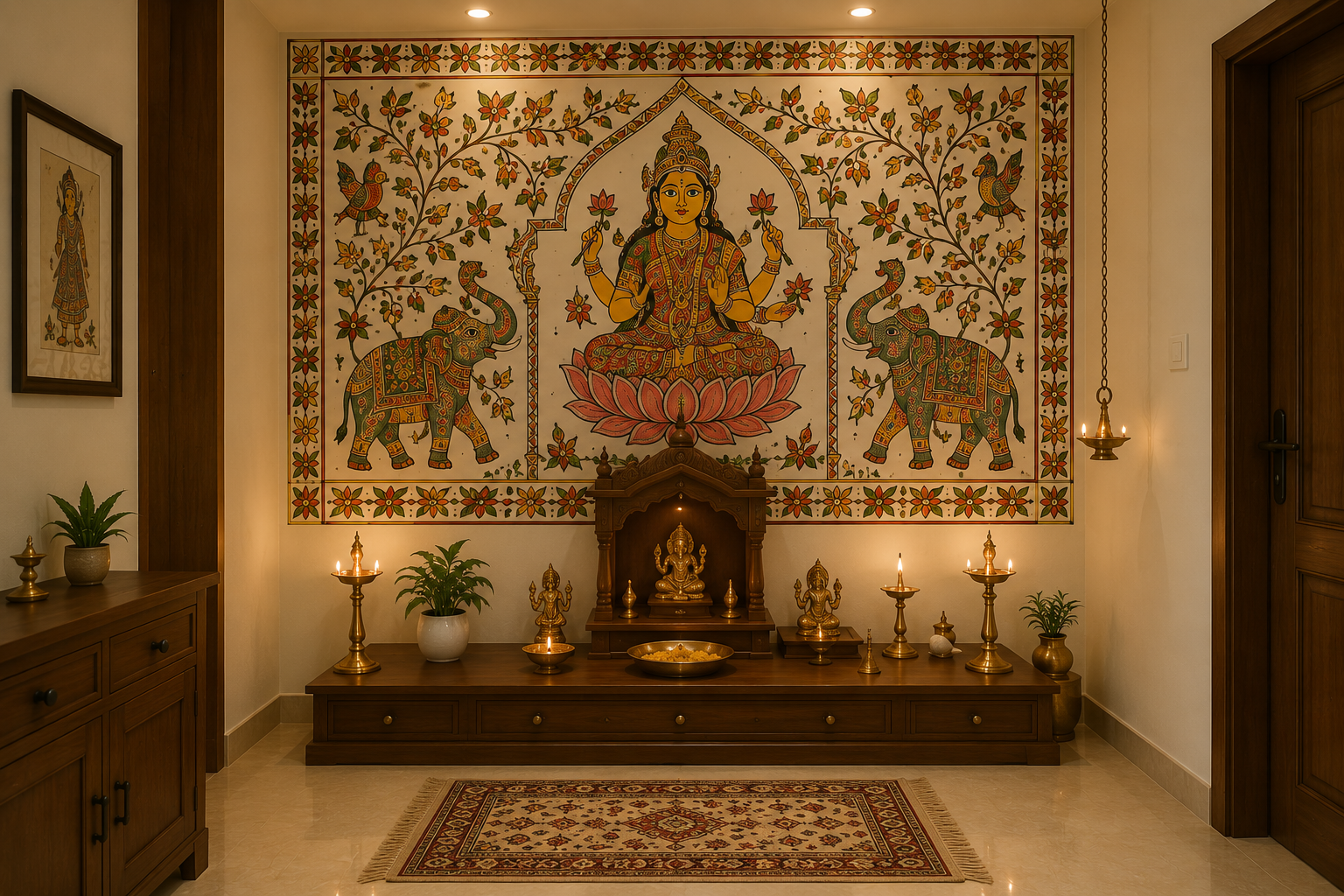 Madhubani tree-of-life in a home puja room