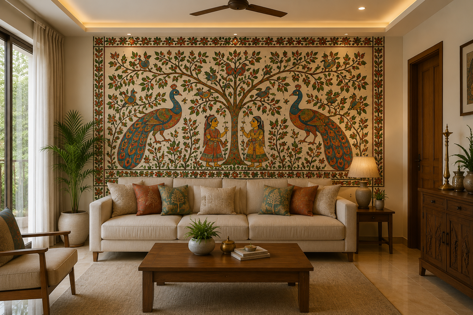 Madhubani composition above a living-room sofa