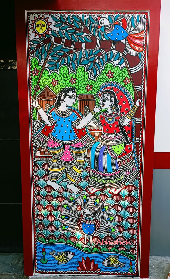 Couple on a jhula (swing) with peacock — hand-painted on a door