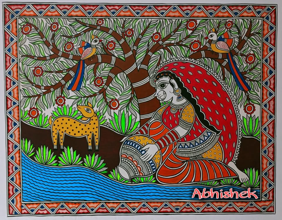 A woman by the river beneath a flowering tree, with deer and birds