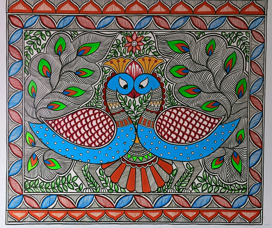Twin peacocks entwined amid flowering vines