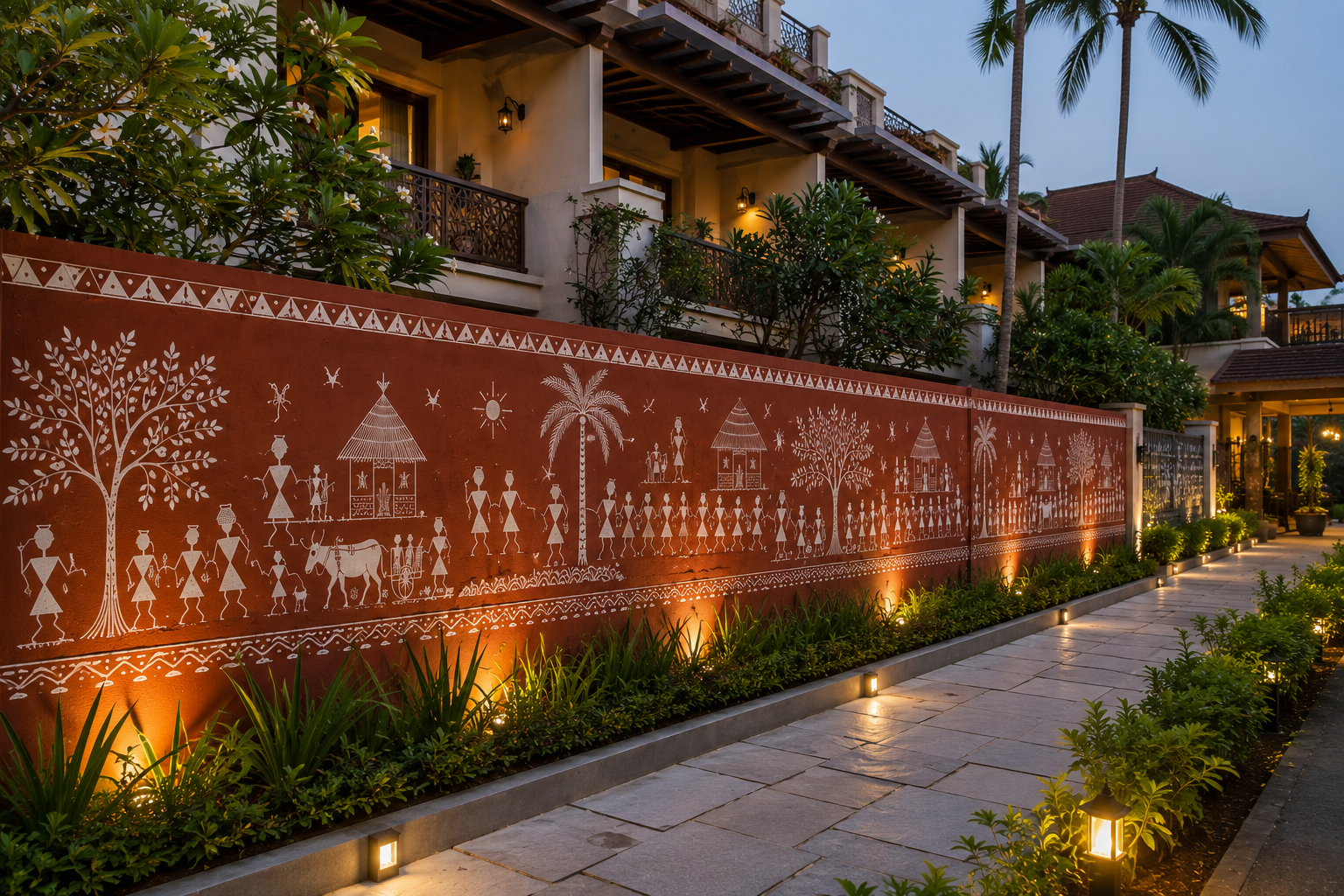 Warli mural at a boutique hotel entrance