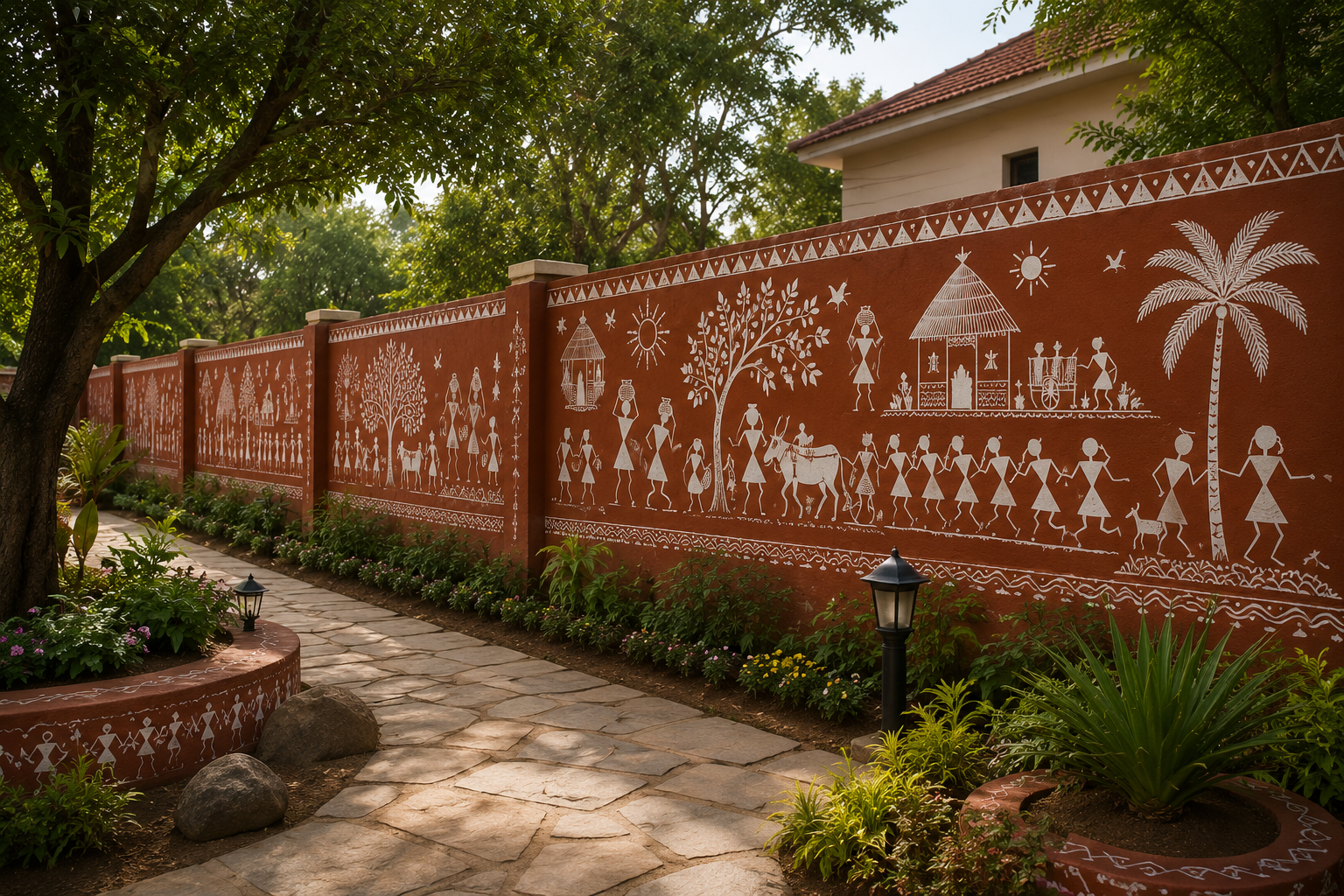 Warli figures painted on an outdoor courtyard wall